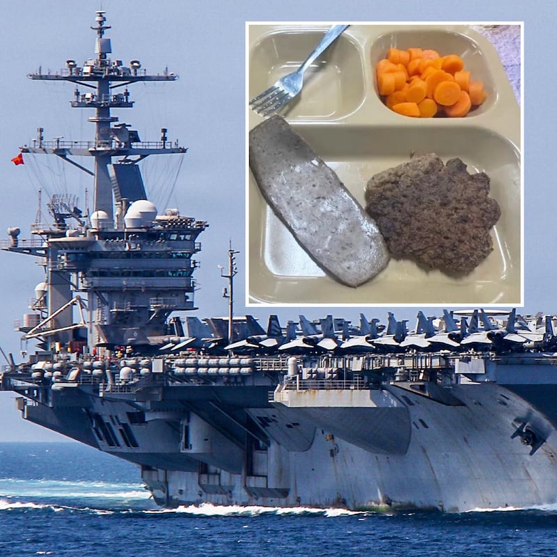 A photo composite of the USS Abraham Lincoln and images of the food being served on board during deployment.