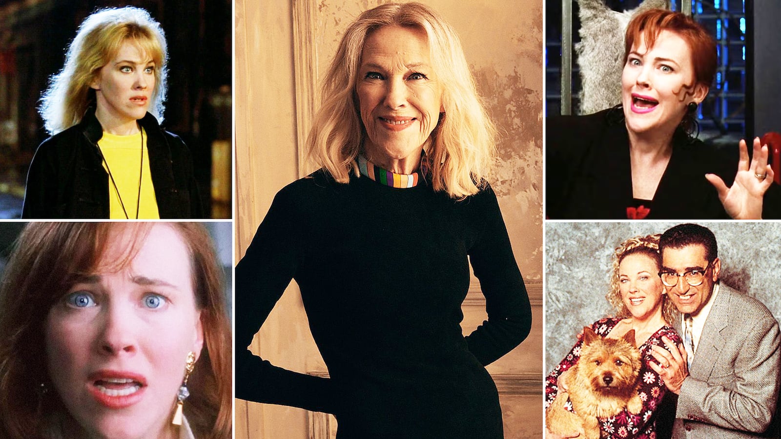 A photo collage of Catherine O'Hara's famous movie roles.