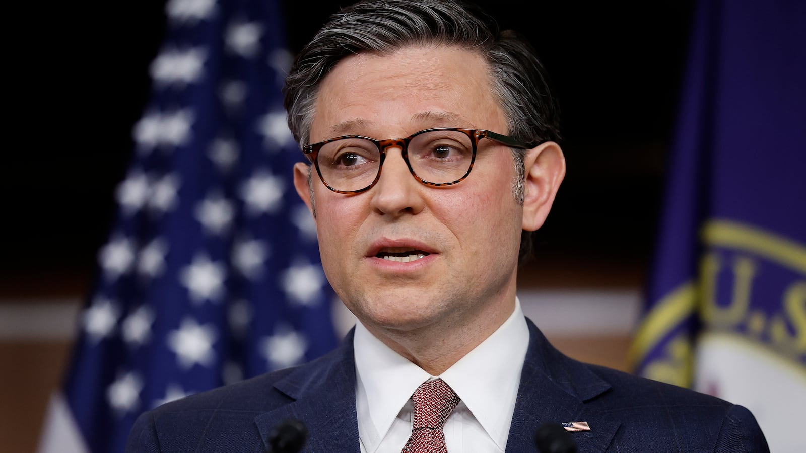 Speaker of the House Mike Johnson (R-LA) speaks during a news conference following a closed-door caucus meeting at the U.S. Capitol Visitors Center on March 20, 2024 in Washington, DC.