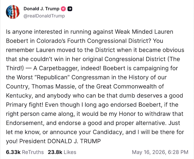 Trump calls for Primary challenge to Lauren Boebert