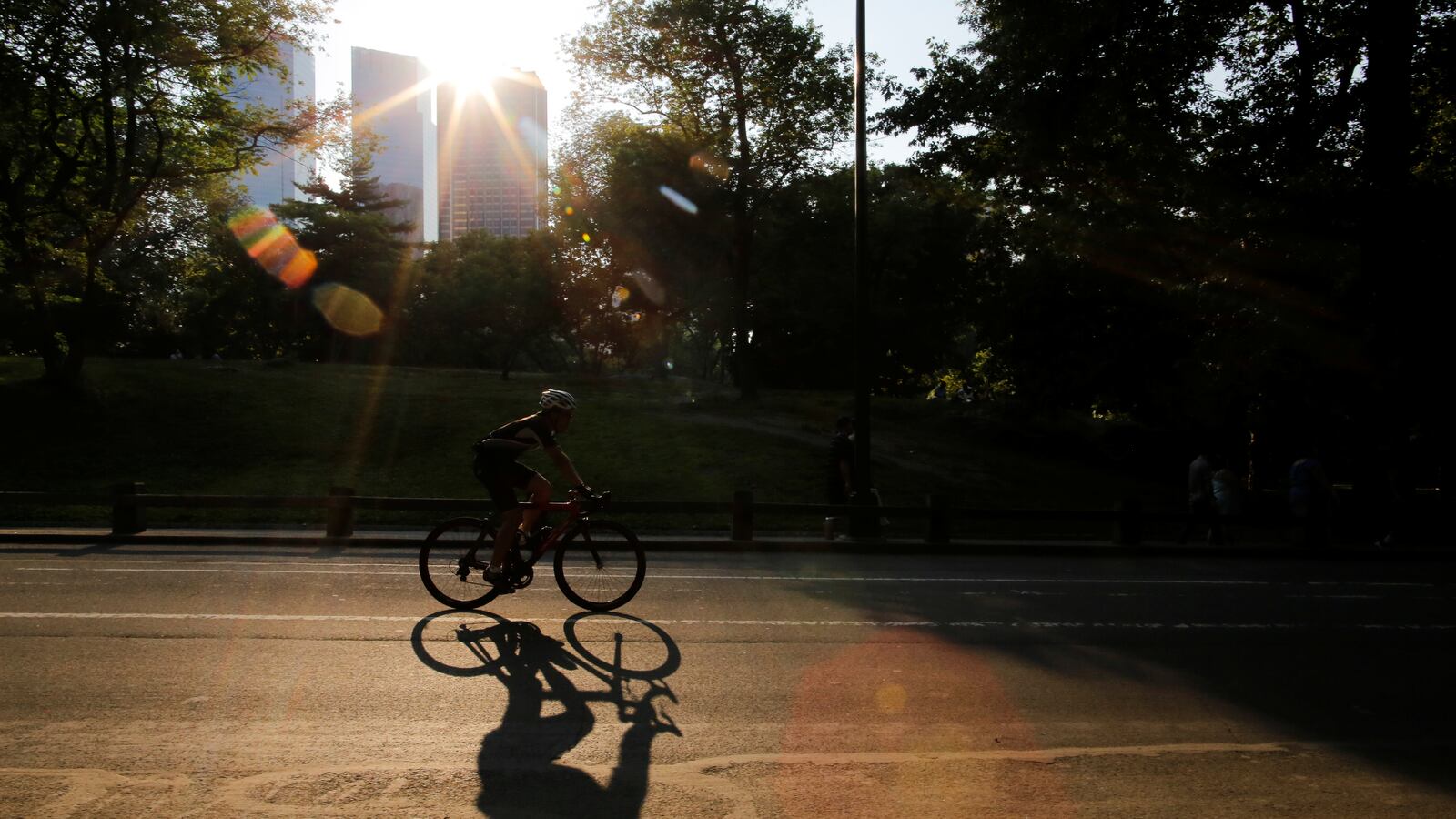 A man rides a bike on a hot summer day in Central Park