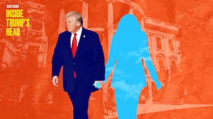 Donald Trump holding hands with a Melania-shaped blank space