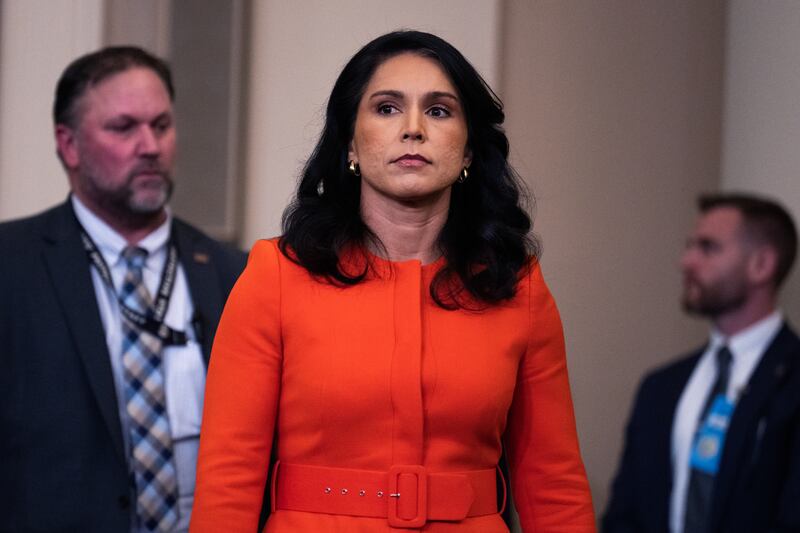 UNITED STATES - MARCH 26: Tulsi Gabbard, director of National Intelligence, arrives to testify during the House Select Intelligence Committee hearing titled "Worldwide Threats Assessment," in Longworth building on Wednesday, March 26, 2025. Gen. Timothy D. Haugh, director of the National Security Agency, FBI Director Kash Patel, CIA Director John Ratcliffe, and Lt. Gen. Jeffrey A. Kruse, director of the Defense Intelligence Agency, also testified. The witnesses fielded questions on the Signal chat, about attacks against Houthis in Yemen, that accidentally included a reporter. (Tom Williams/CQ-Roll Call, Inc via Getty Images)