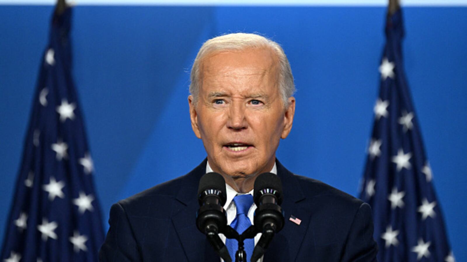 Joe Biden speaks during a press conference at the close of the 75th NATO Summit at the Walter E. Washington Convention Center in Washington, DC on July 11, 2024.