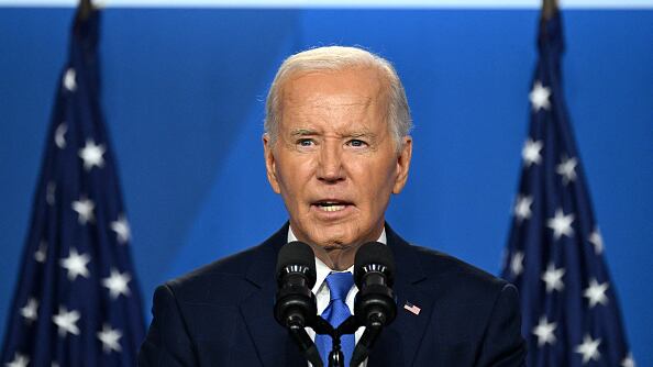 Joe Biden speaks during a press conference at the close of the 75th NATO Summit at the Walter E. Washington Convention Center in Washington, DC on July 11, 2024.
