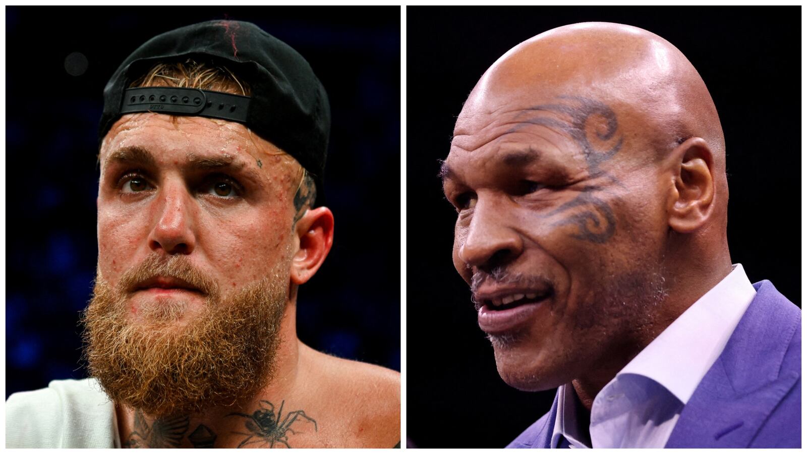 Side-by-side photos of Jake Paul, left, and Mike Tyson, right.