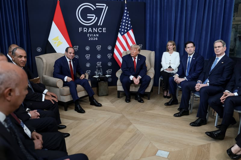U.S. President Donald Trump attends a bilateral meeting with Egyptian President Abdel Fattah el-Sisi, joined by U.S. Secretary of State Marco Rubio, on the sidelines of the G7 Summit in Evian-les-Bains, France, June 17, 2026.