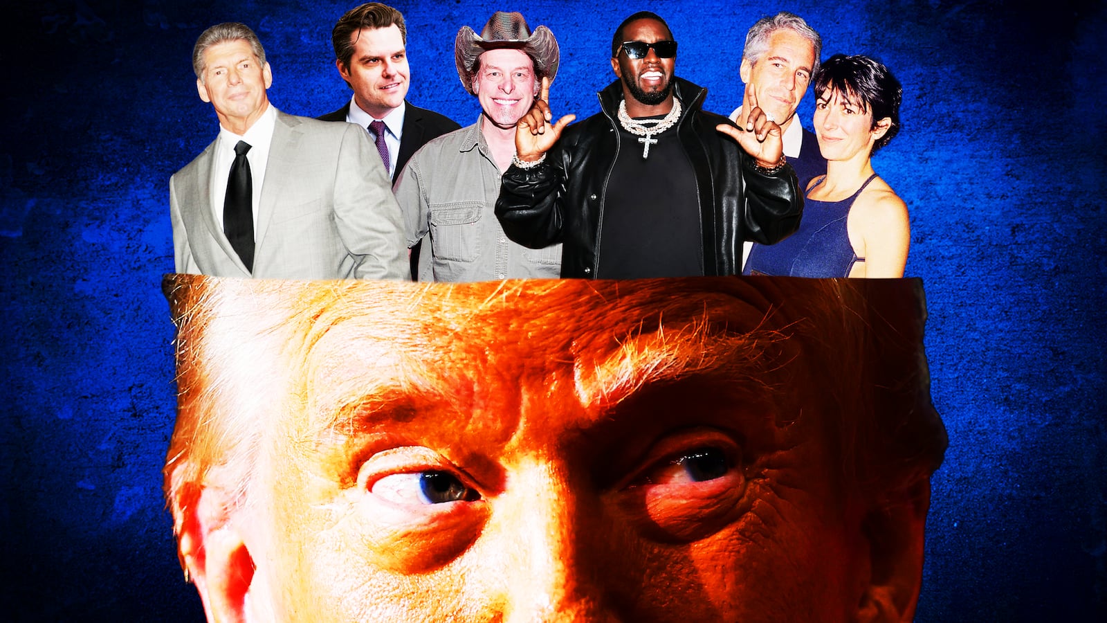 Donald Trump, Ted Nugent, Diddy, Vince McMahon, Ghislaine Maxwell, Jeffrey Epstein photo illustration