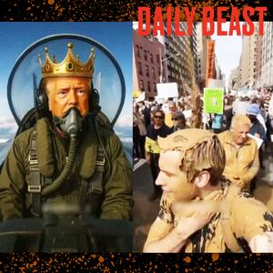 A photo illustration of screen grabs from Donald Trump's TruthSocial AI video post of him flying a jet and dumping poop on Harry Sisson.