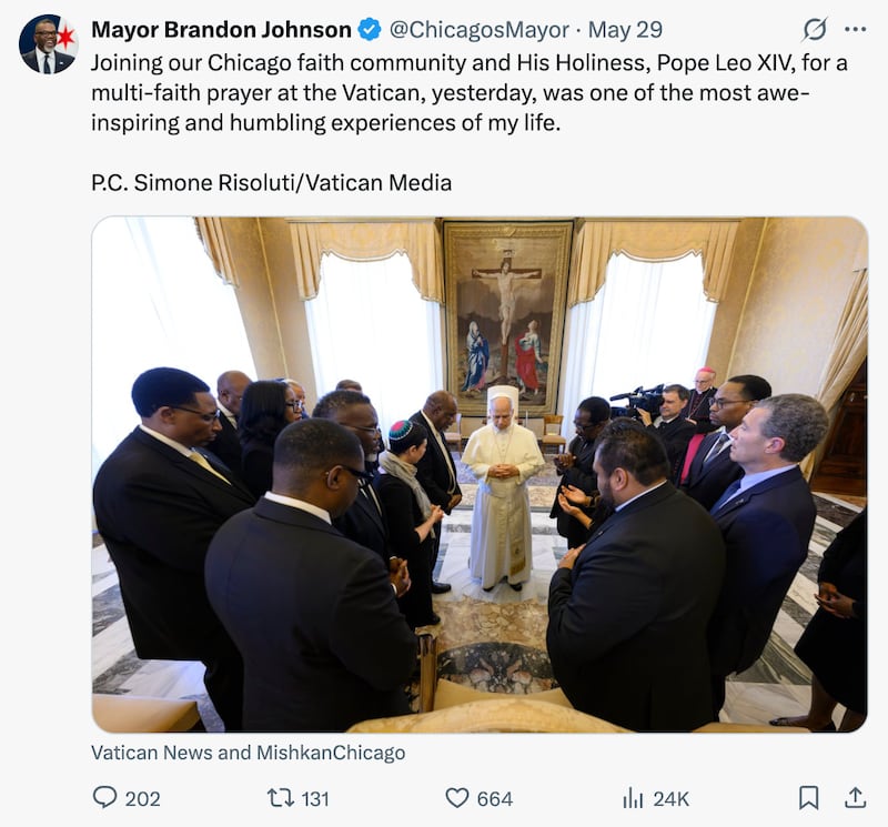 Chicago Mayor Brandon Johnson posts details of his meeting with Pope Leo XIV on X.