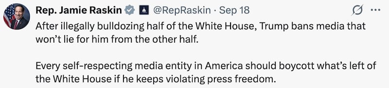 Maryland Democratic Rep. Jamie Raskin calls on the press to take strong action after Donald Trump banned MS Now, Politico and CNN from the White House.