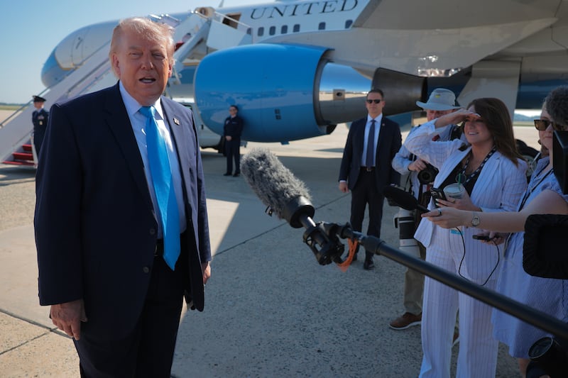 President Donald Trump mixed up Obama with Biden while speaking to reporters before boarding Air Force One on May 20, 2026 at Joint Base Andrews, Maryland.