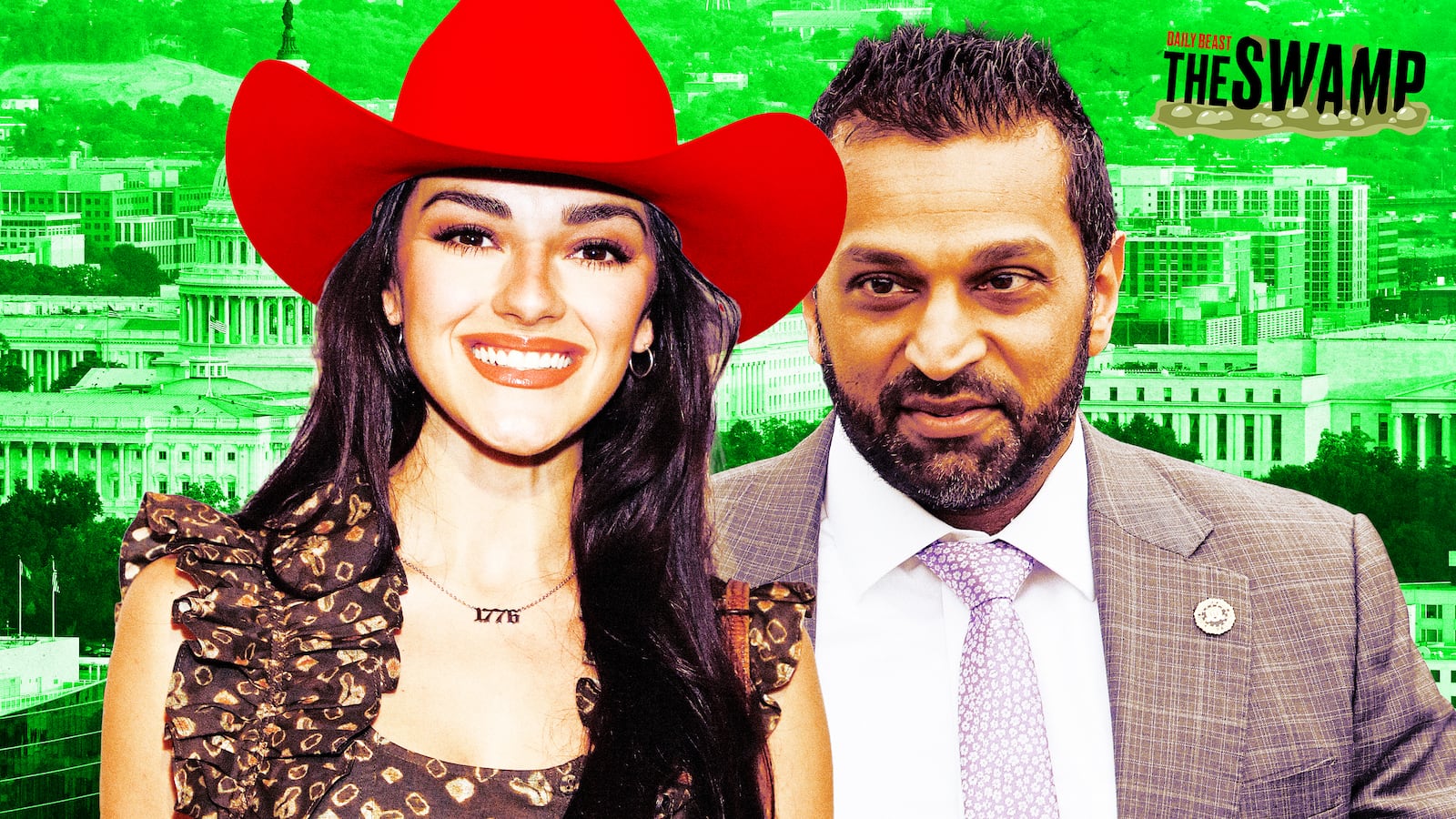 A photo illustration of Alexis Wilkins, Kash Patel, and a background of Washington, DC.