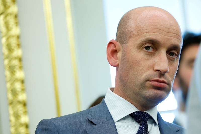 White House Deputy Chief of Staff Stephen Miller looks on during a press conference in the Oval Office of the White House on October 15, 2025 in Washington, DC.