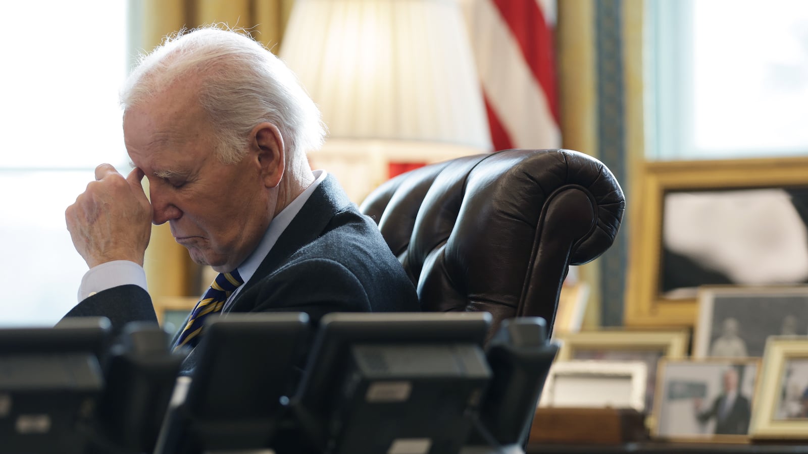 President Joe Biden pauses during a briefing on the wildfires in Los Angeles in the Oval Office of the White House on January 10, 2025 in Washington, D.C.