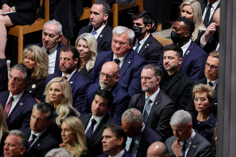 Ukrainian President Volodymyr Zelenskiy and Israeli Prime Minister Benjamin Netanyahu attend the funeral service for late U.S. Senator Lindsey Graham (R-SC) at Washington National Cathedral in Washington, D.C., U.S., July 28, 2026. REUTERS/Evan Vucci