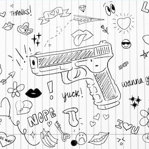 Photo illustration of a lined notebook with high school doodles about love drawn and  a hand gun