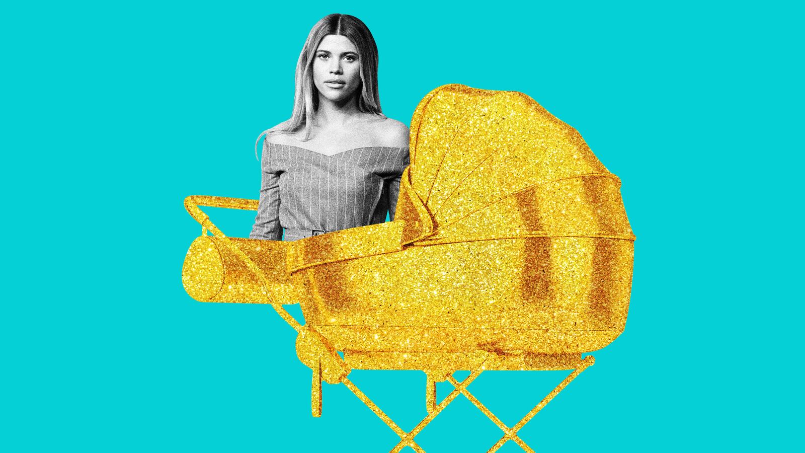 A photo illustration including photos of Sofia Richie and a Golden Stroller