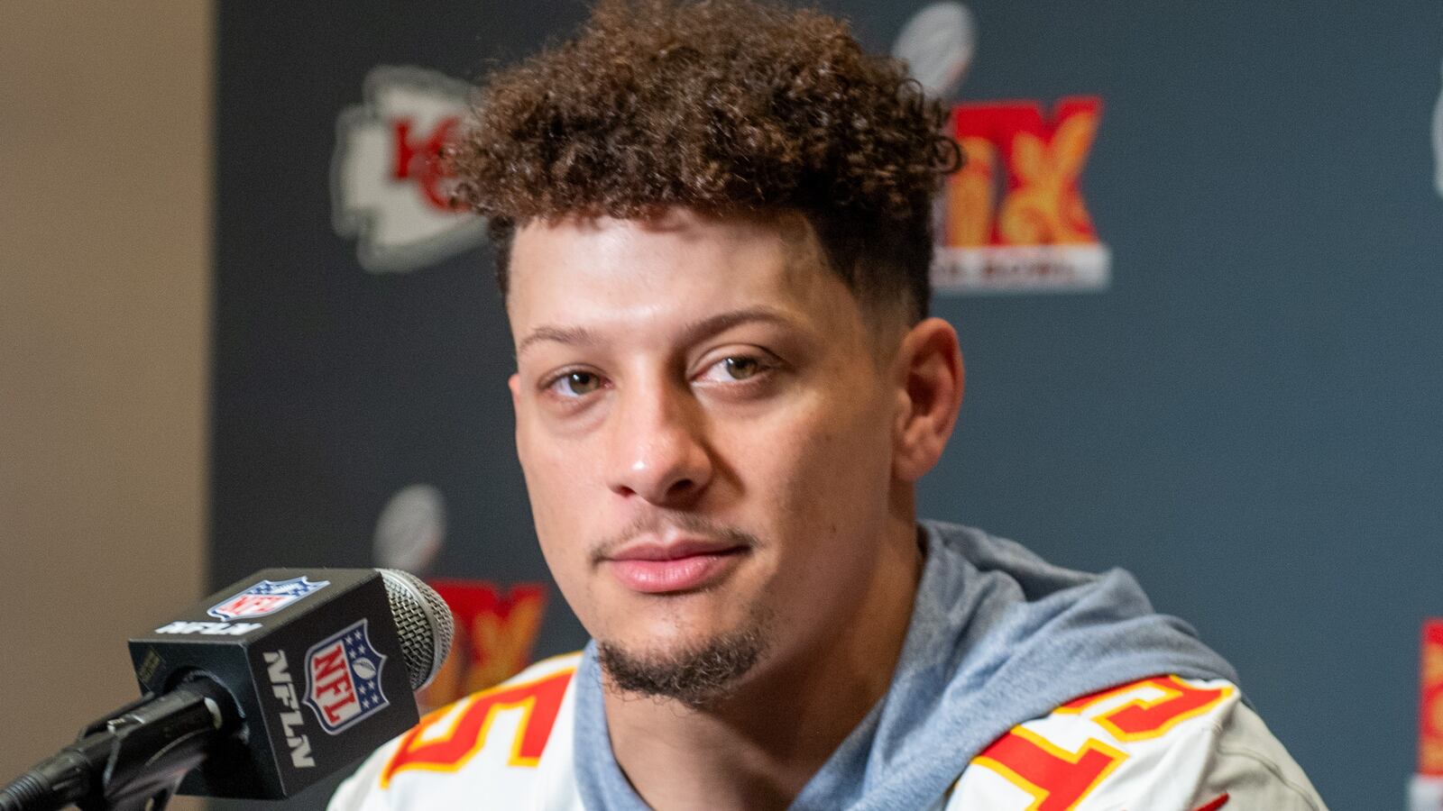 Patrick Mahomes #15 of the Kansas City Chiefs speaks during Kansas City Chiefs Media Availability before Super Bowl LIX at New Orleans Marriott on February 06, 2025 in New Orleans, Louisiana.