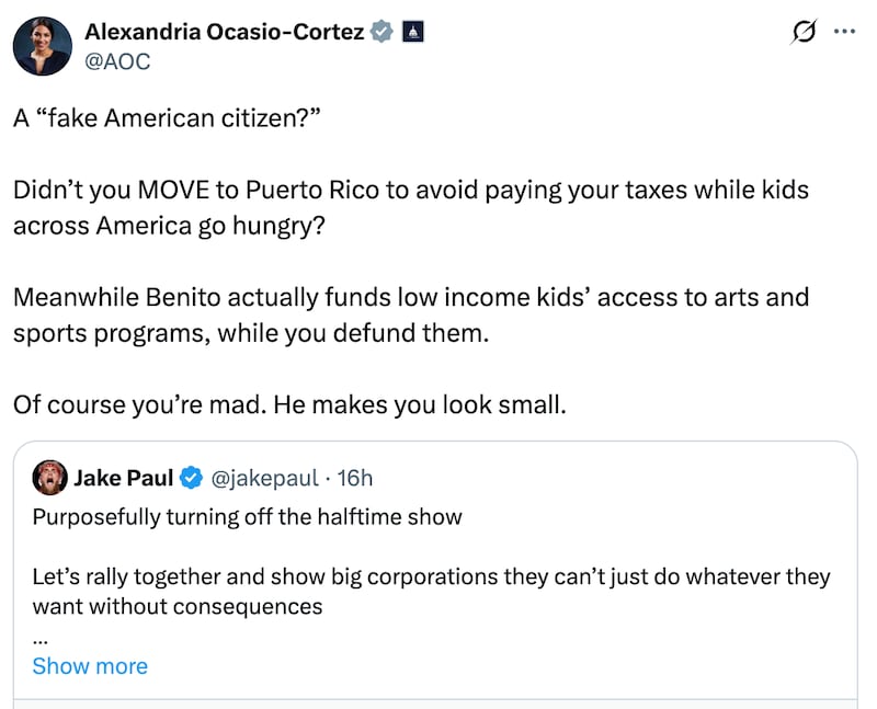 Alexandria Ocasio-Cortez's post on X, slamming MAGA star Jake Paul.