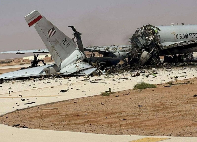 A damaged U.S. Boeing E-3 Sentry airborne warning and control aircraft following an Iranian strike at Prince Sultan Air Base in Saudi Arabia.