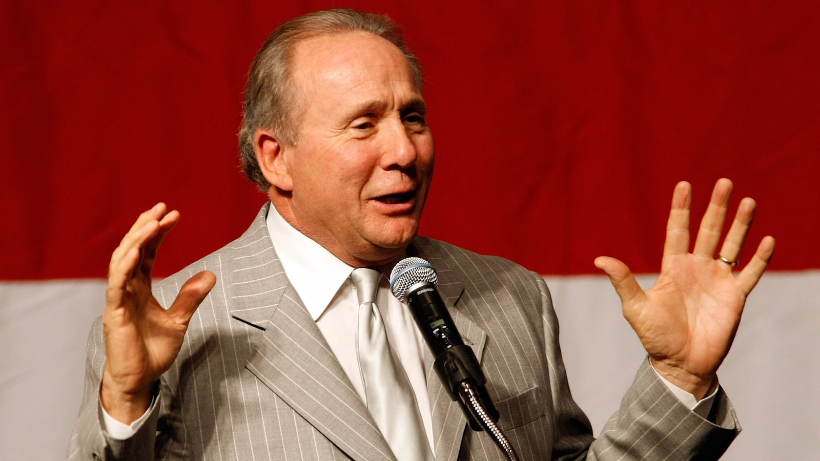 LAS VEGAS - OCTOBER 29: Republican strategist Michael Reagan speaks at a get-out-the-vote rally for U.S. Republican Senate candidate Sharron Angle featuring U.S. Sen. John McCain (R-AZ) at The Orleans October 29, 2010 in Las Vegas, Nevada. Recent polls show Angle four points ahead in her race against U.S. Senate Majority Leader Harry Reid (D-NV) who is seeking his fifth term. (Photo by Ethan Miller/Getty Images)