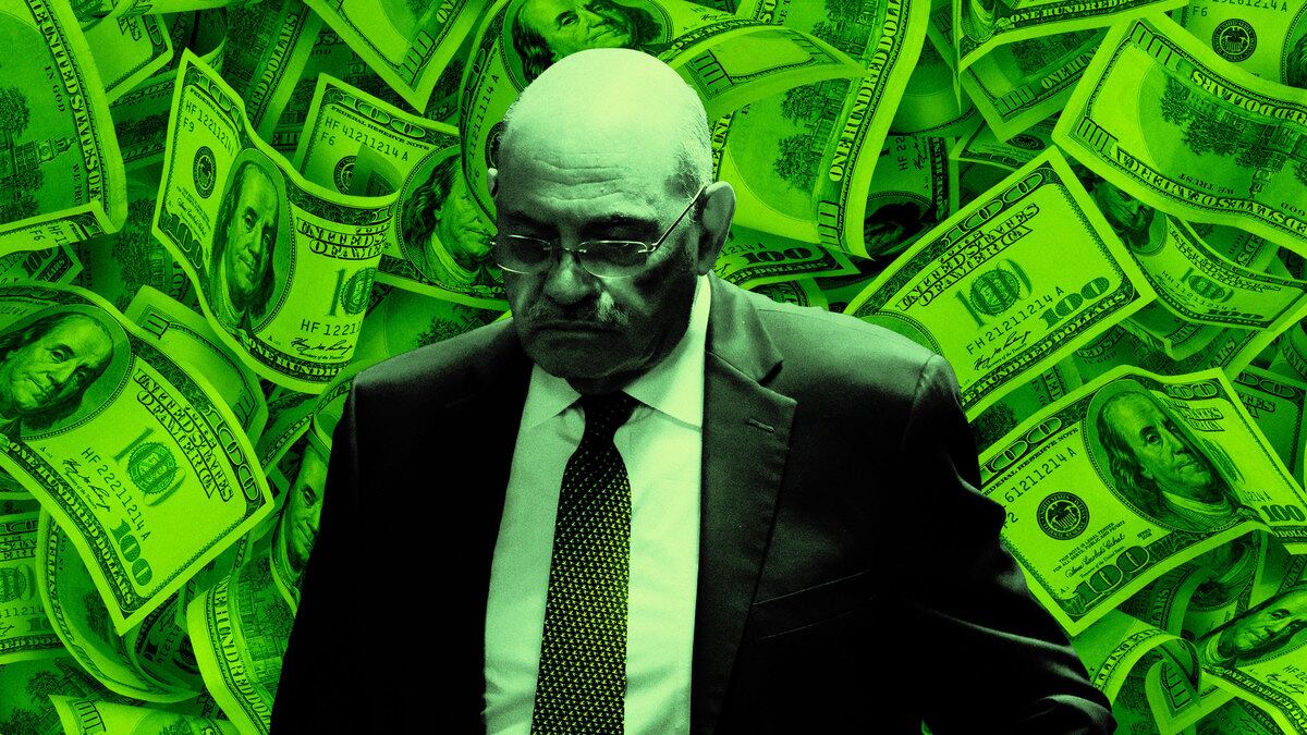 A photo illustration featuring Allen Weisselberg in front of money