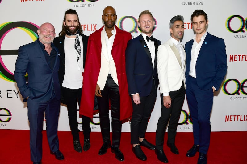 David Collins, Jonathan Van Ness, Karamo Brown, Bobby Berk, Tan France, and Antoni Porowski attend the premiere of Netflix's "Queer Eye" Season 1 at Pacific Design Center on February 7, 2018 in West Hollywood, California.