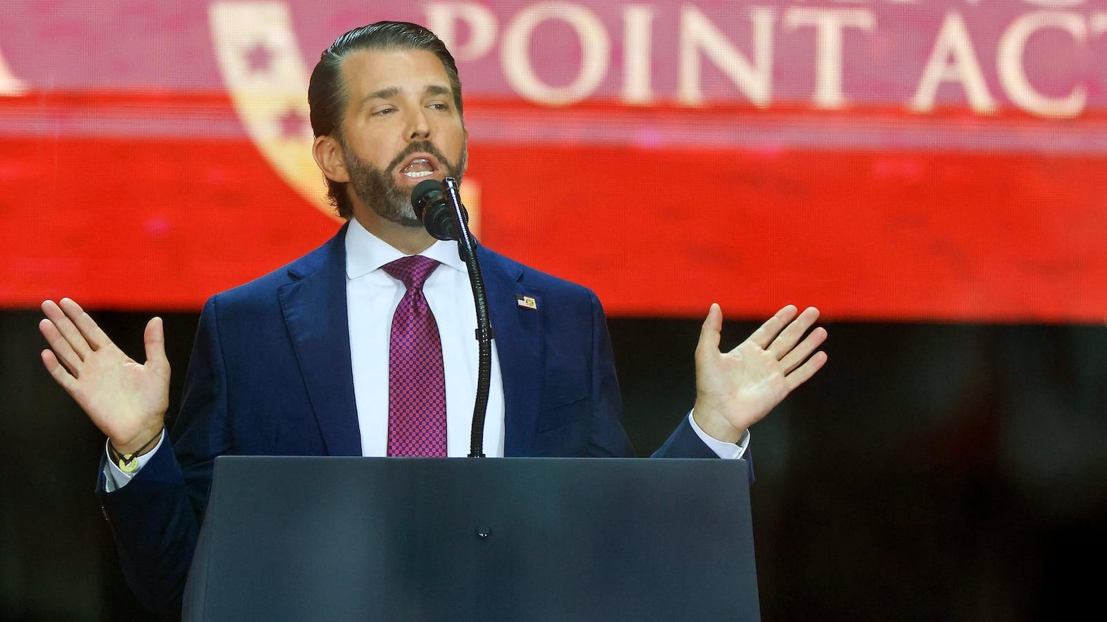GLENDALE, ARIZONA - SEPTEMBER 21: Donald Trump Jr. speaks during the memorial service for political activist Charlie Kirk at State Farm Stadium on September 21, 2025 in Glendale, Arizona. Kirk, the CEO and co-founder of Turning Point USA, was shot and killed on September 10th while speaking at an event during his "American Comeback Tour" at Utah Valley University. (Photo by Joe Raedle/Getty Images)