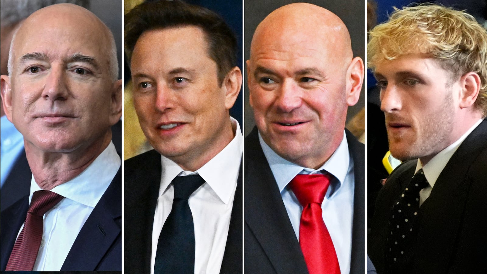 Jeff Bezos, Elon Musk, Dana White, Jake Paul illustration