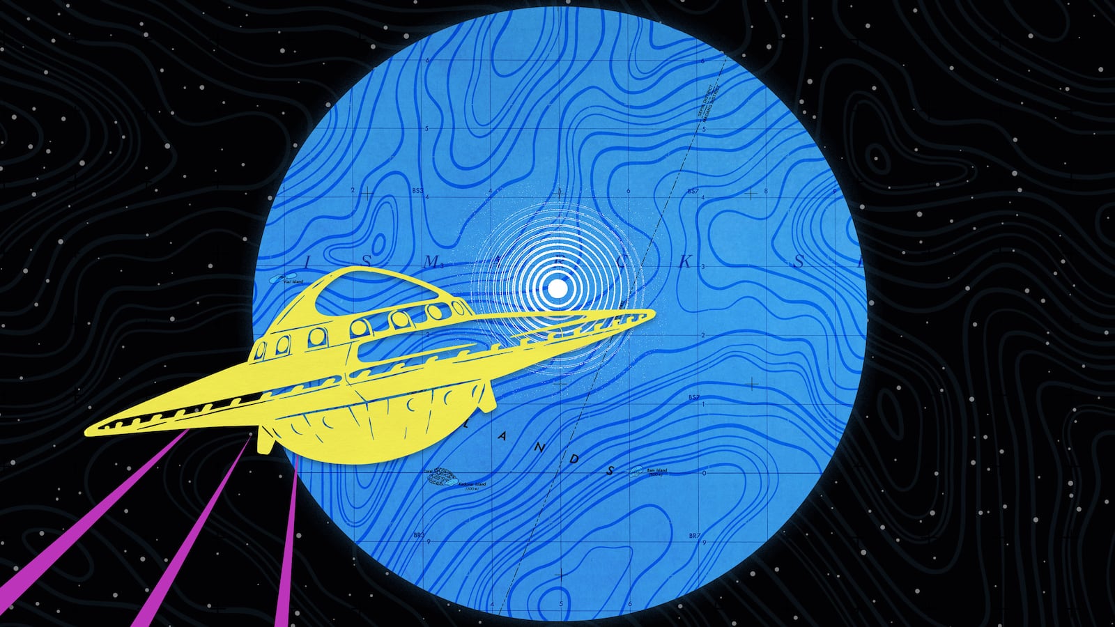 A photo illustration of an alien space ship crashing into the Earth's ocean.