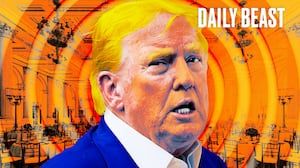 A photo illo illustration of Donald Trump for the Daily Beast podcast and his ballroom.