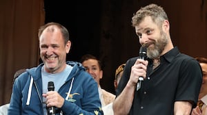 Trey Parker, Matt Stone, and Robert Lopez speak onstage after the special anniversary performance of their musical "The Book of Mormon."