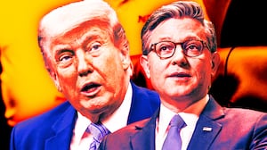 A photo illo illustration of Trump and Speaker Johnson.