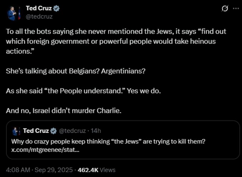 Ted Cruz implied MTG thought "the Jews" were trying to kill her in a series of posts over the weekend.