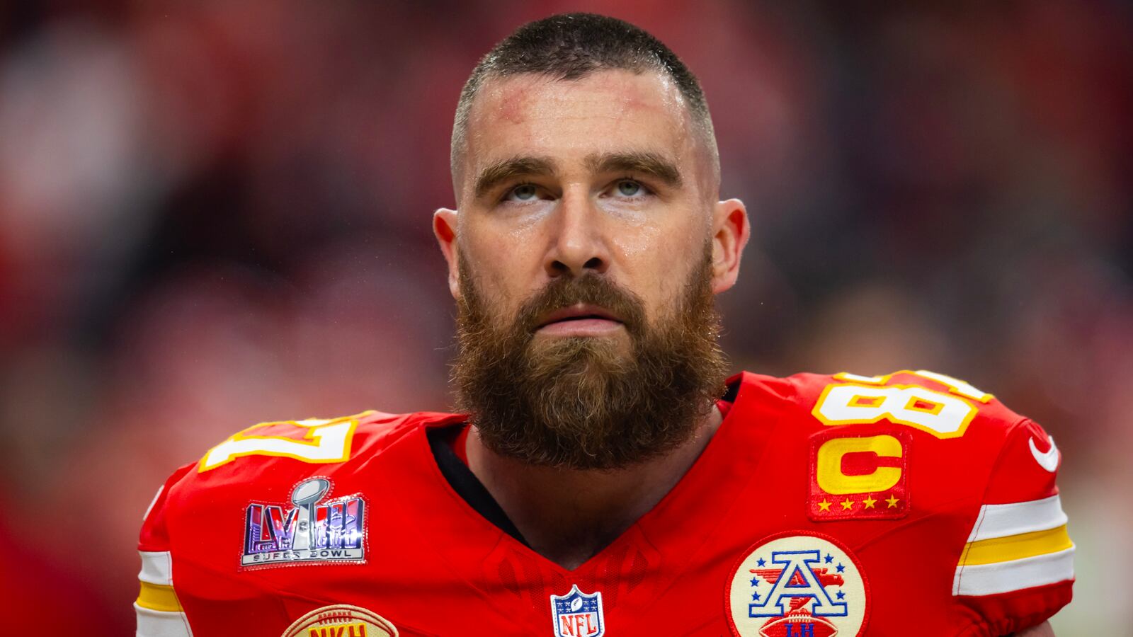 Travis Kelce stares up during the Super Bowl.