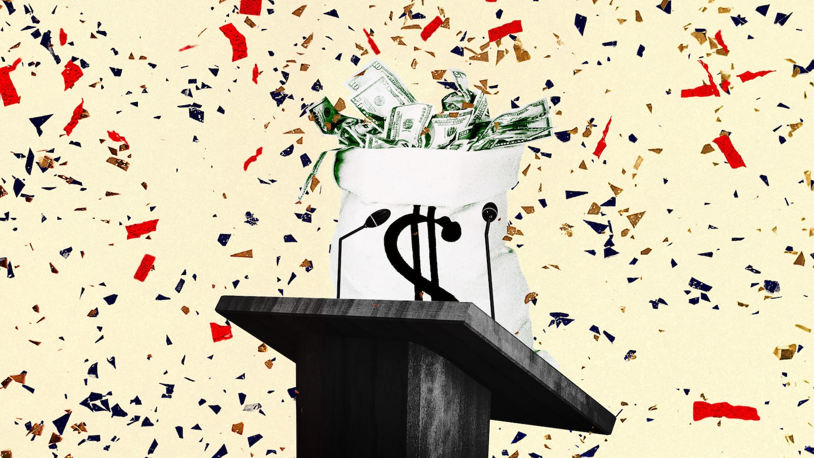 A photo illustration showing stolen money giving a celebratory speech.