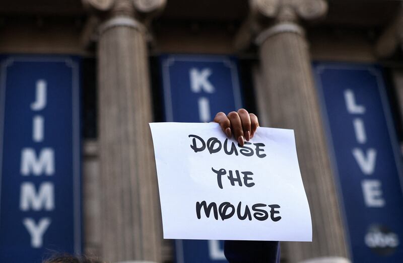 A sign from a protest against the suspension of "Jimmy Kimmel Live!"