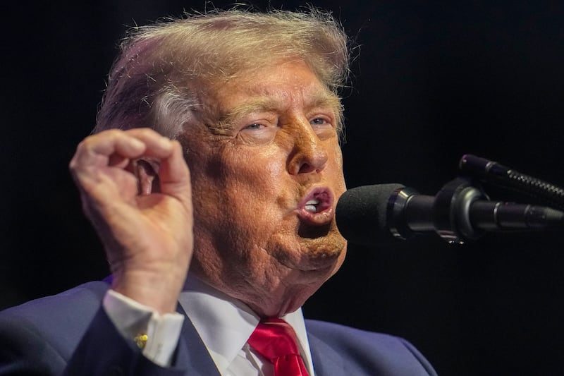 Donald Trump speaks during a rally to kick off the Great American State Fair