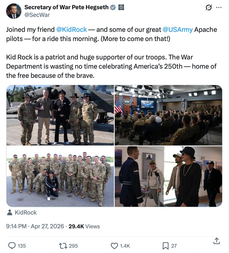 Hegseth shared a photo of himself and Kid Rock posing in front of one of the helicopters.