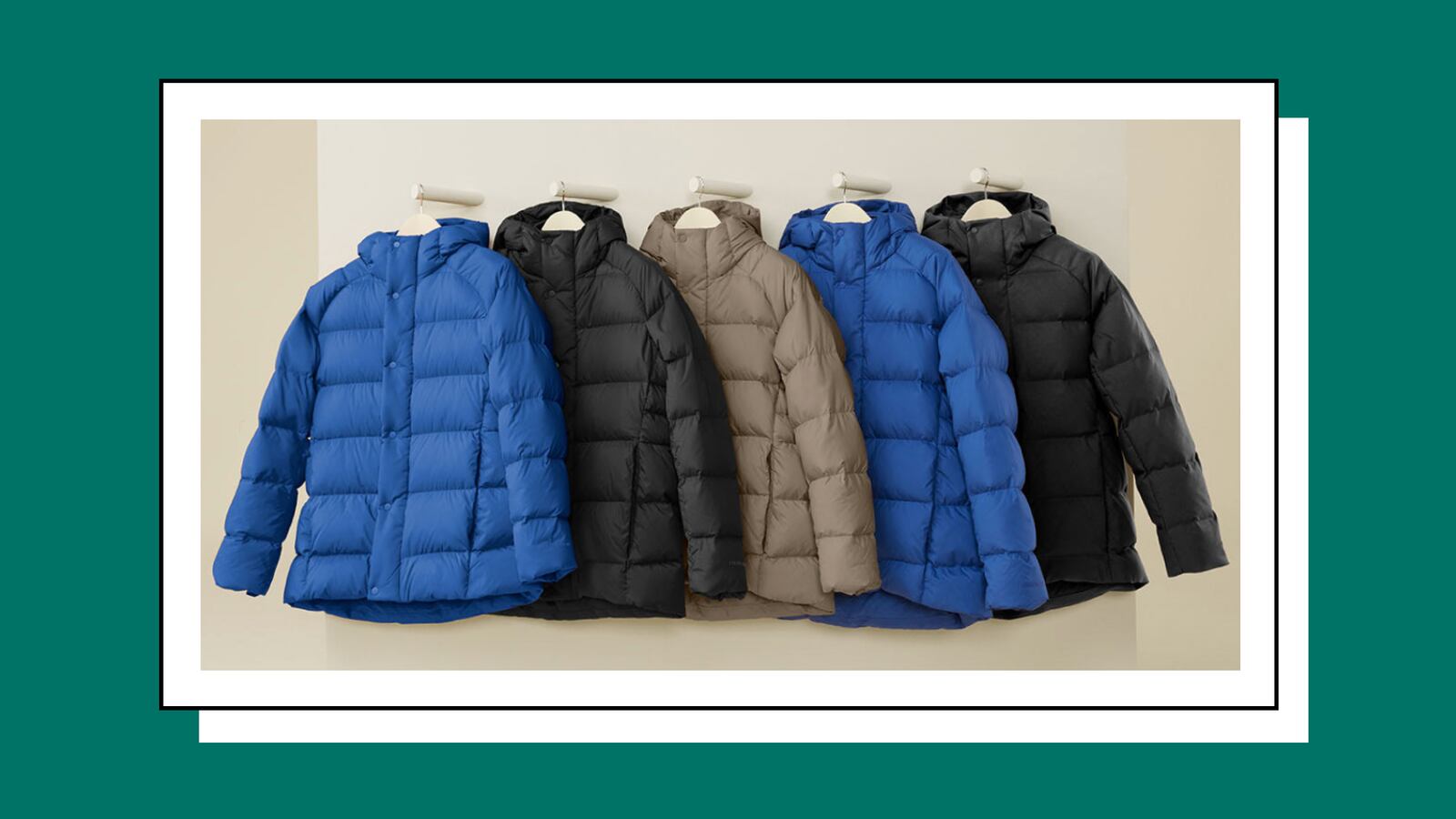 Different colored jackets on a light green background.