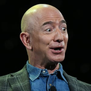 Jeff Bezos addresses the audience during a keynote session at the Amazon Re:MARS conference on robotics and artificial intelligence at the Aria Hotel in Las Vegas, Nevada on June 6, 2019.