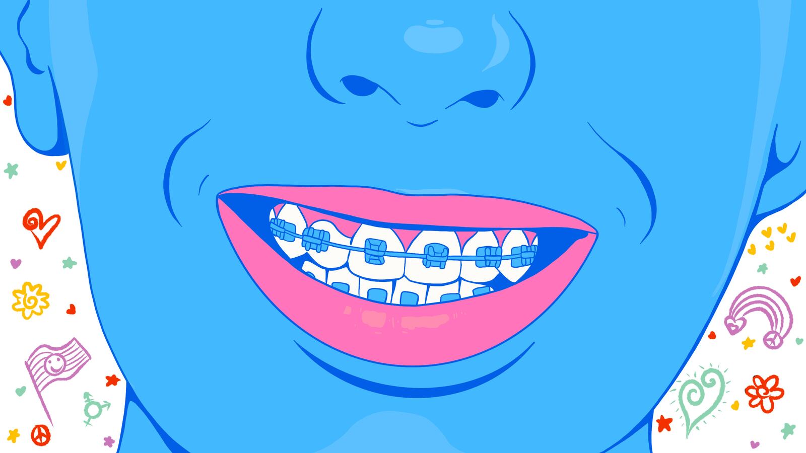 Illustration of a smiling teenager with braces and doodles around them