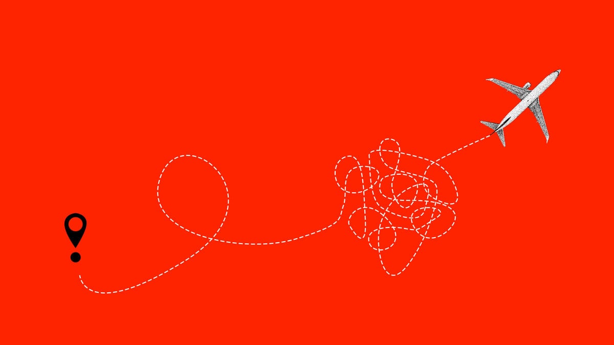 Photo illustration of an airplane with a dotted line jumbled behind it on a red background