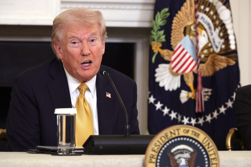 President Donald Trump delivers an announcement on his Homeland Security Task Force in the State Dining Room of the White House on October 23, 2025 in Washington, DC.