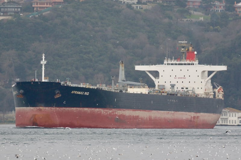 Picture taken January 29, 2026: Aframax Rio, a Liberian-flagged tanker, transits the Bosphorus in Istanbul, Turkey, January 29, 2026. REUTERS/Yoruk Isik