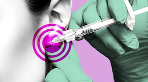 Illustration of an injection going into a woman's ear