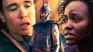 A photo illustration illo of Elliot Page, Matt Damon, and Lupita Nyong'o in The Odyssey.