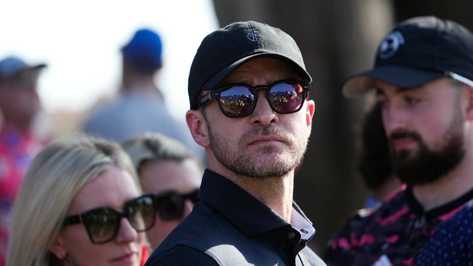Sep 30, 2023; Rome, ITALY; Justin Timberlake watches the action on the 9th hole during day two fourballs round for the 44th Ryder Cup golf competition at Marco Simone Golf and Country Club.