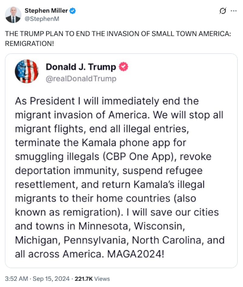 A screenshot of Stephen Miller's post sharing Trump's call for "remigration."